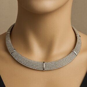 Women's Textured Silver Tone Chunky Collar Design Statement Necklace